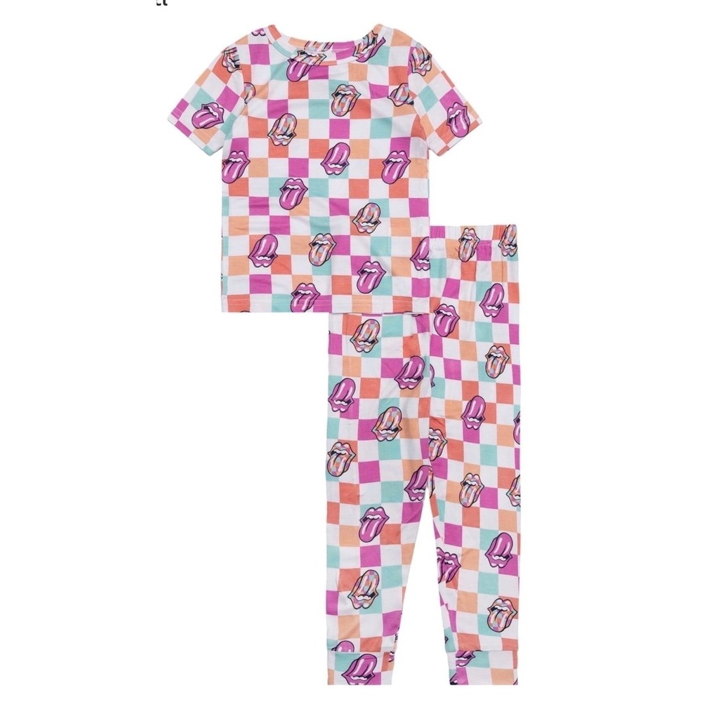 The Rolling Stones Toddler Girls 5T Pajama Set 2pc Checkered Tongue Logo NWT